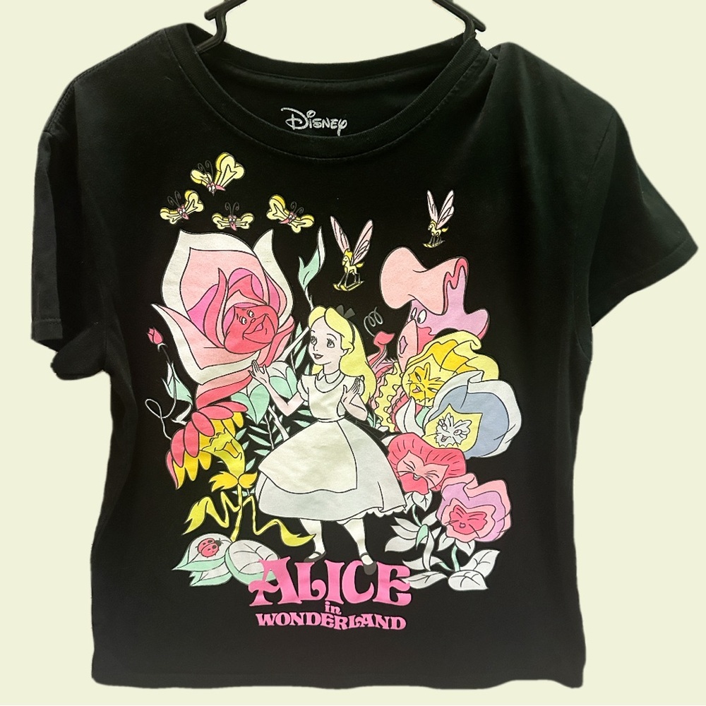 Disney Alice in Wonderland Black Tee with Floral Design M